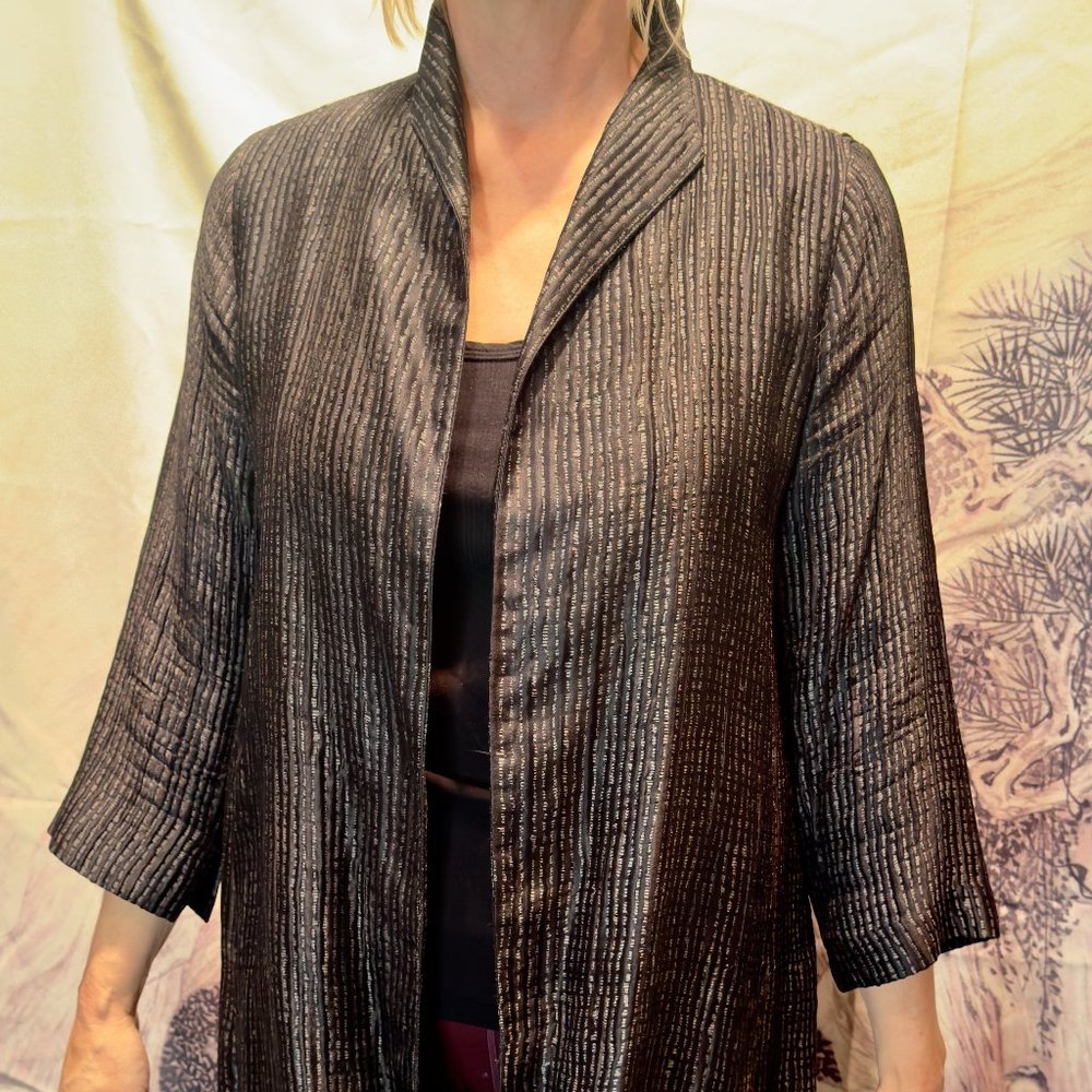 Eileen Fisher Silk/Rayon Black/Silver/Gray Knee-length Duster/Jacket  (Size S)